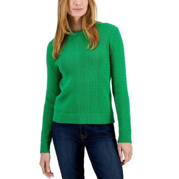 Tommy Hilfiger Women's Cotton Mirrored Cable-Knit Sweater Green Size XL MSRP $80 - Picture 1 of 1
